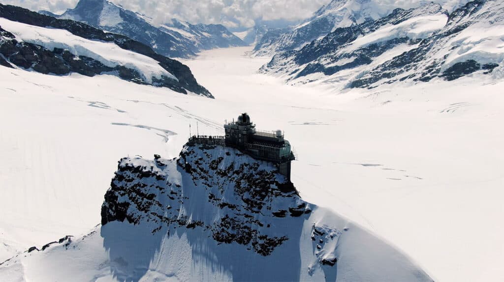 The Spynx observatory on Jungfraujoch with the Aletsch Glacier in the background