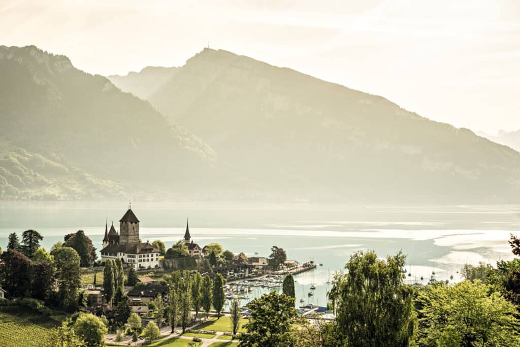 The Spiez bay and castle at Lake Thun