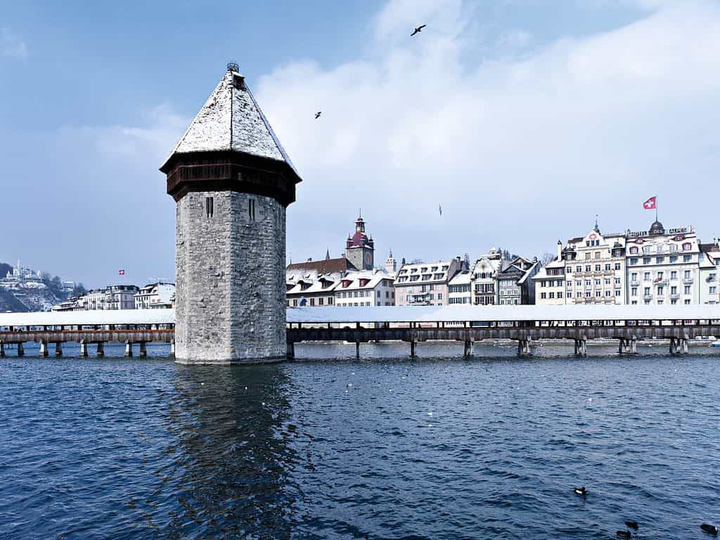 Chapel bridge in lucerne in winter with snow