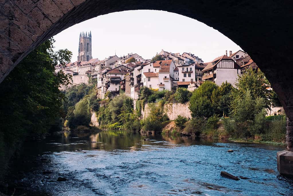 Fribourg village seen from the Saane River