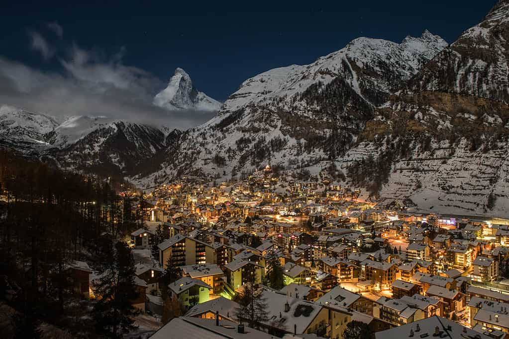 Zermatt in a winter night with Matterhorn