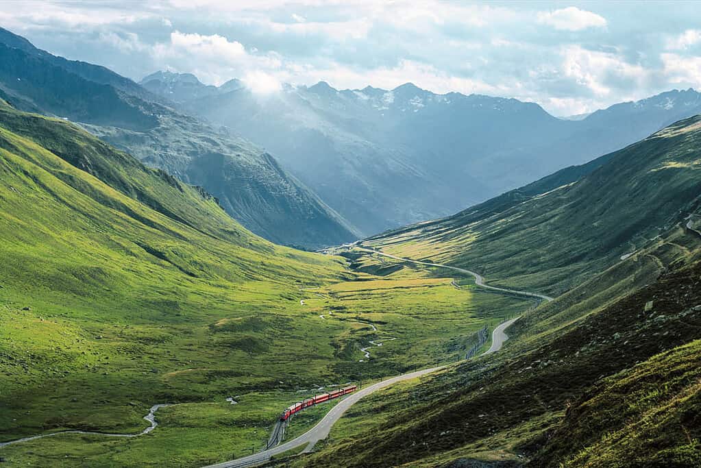 Aerial view of glacier express driving at oberalp pass