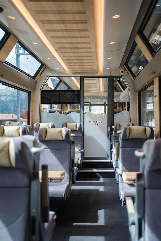 Panoramic train interior of the golden-pass express