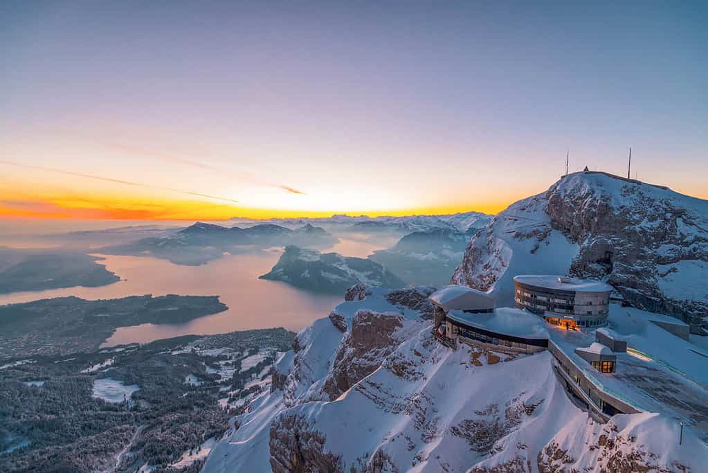 A sunrise on Pilatus Kulm with a view of the Hotel Bellevue and Lake Lucerne