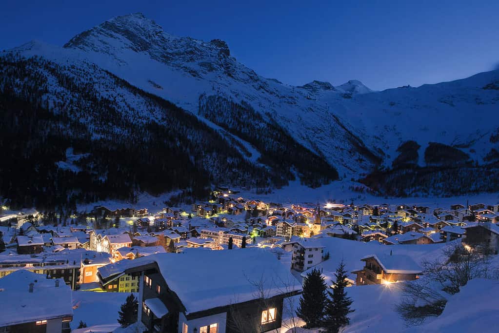 Saas fee village in winter at night