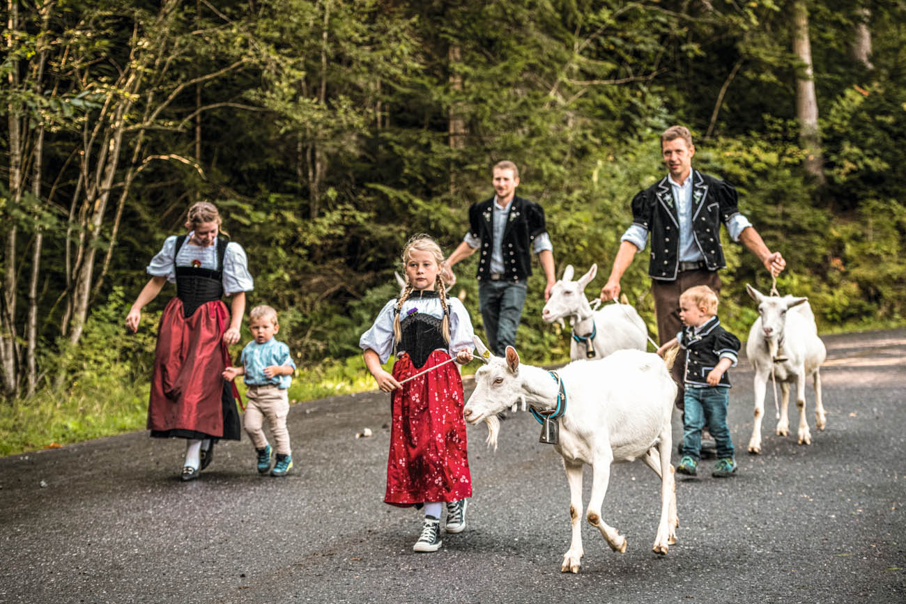 Swiss clothing during the alpabzug with kids in traditional trachten