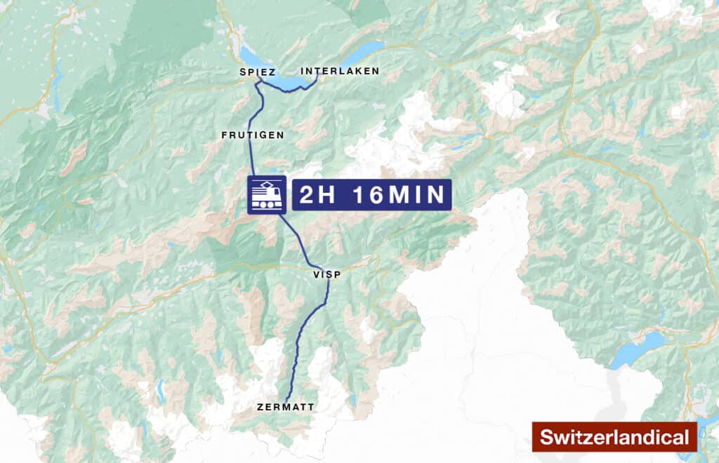 Graphical map of train route from interlaken to zermatt.