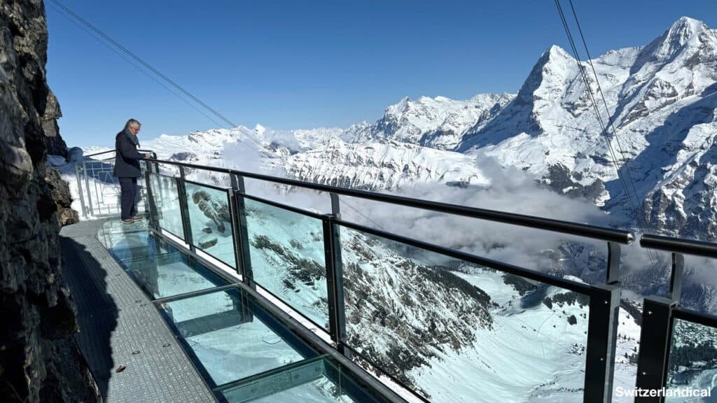 The Thrill Walk with the glass floor section, with the eiger, mönch and jungfrau peaks in the background.