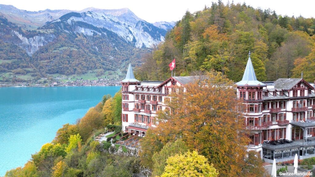 Aerial view of the Grand Hotel at the Giessbach Falls with Lake Brienz in the background