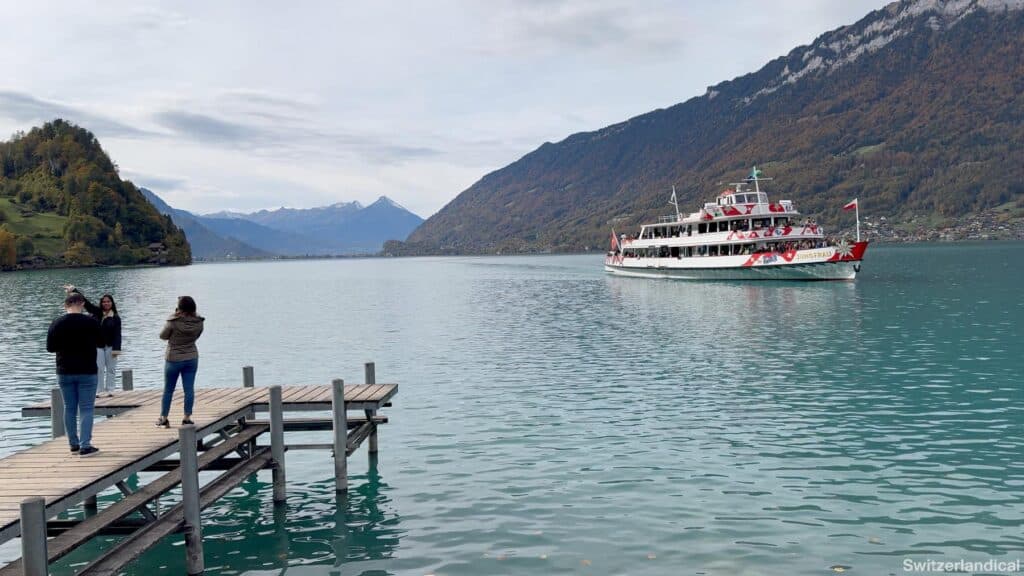 Cruise ship in front of the famous landing stage at lake brienz