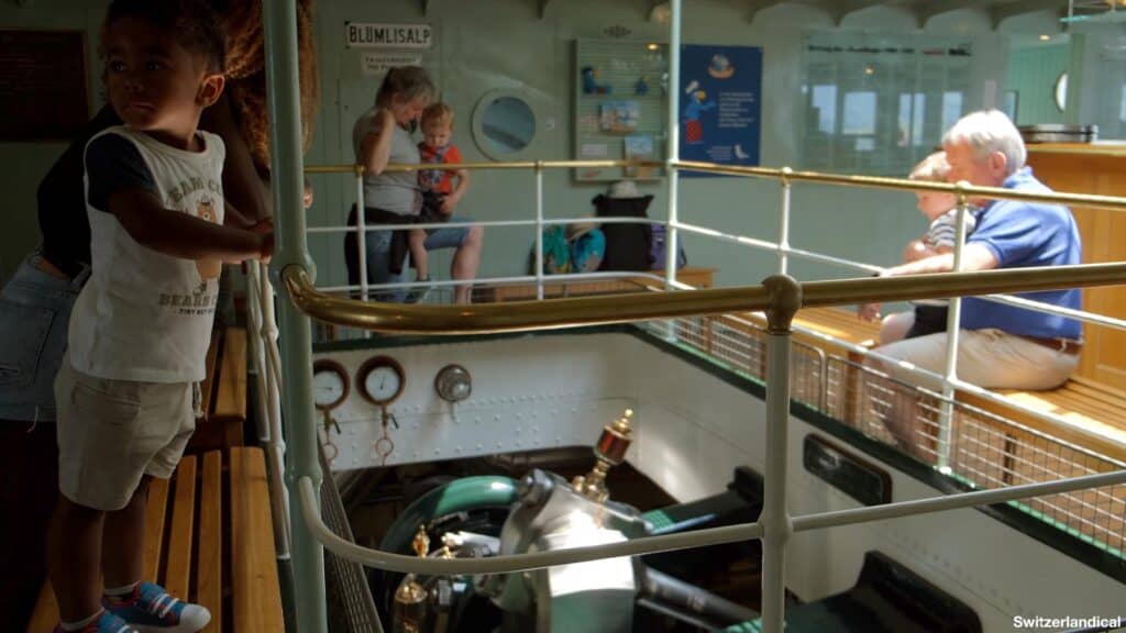 In the interior of the Bluemlisalp, you can observe the engine room.