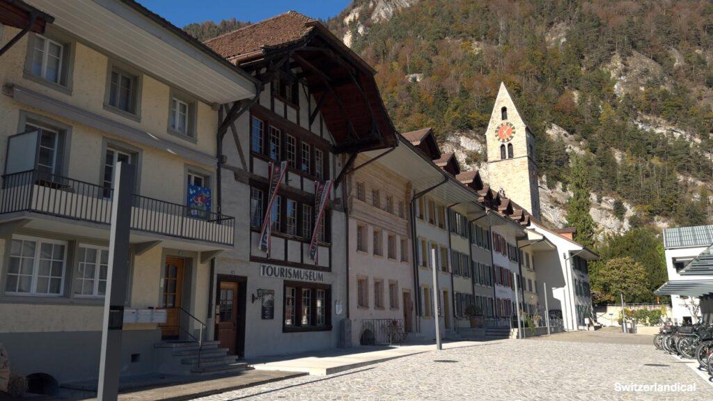 Historic houses at Unterseen Old Town, with the Tourism Museum in the middle.